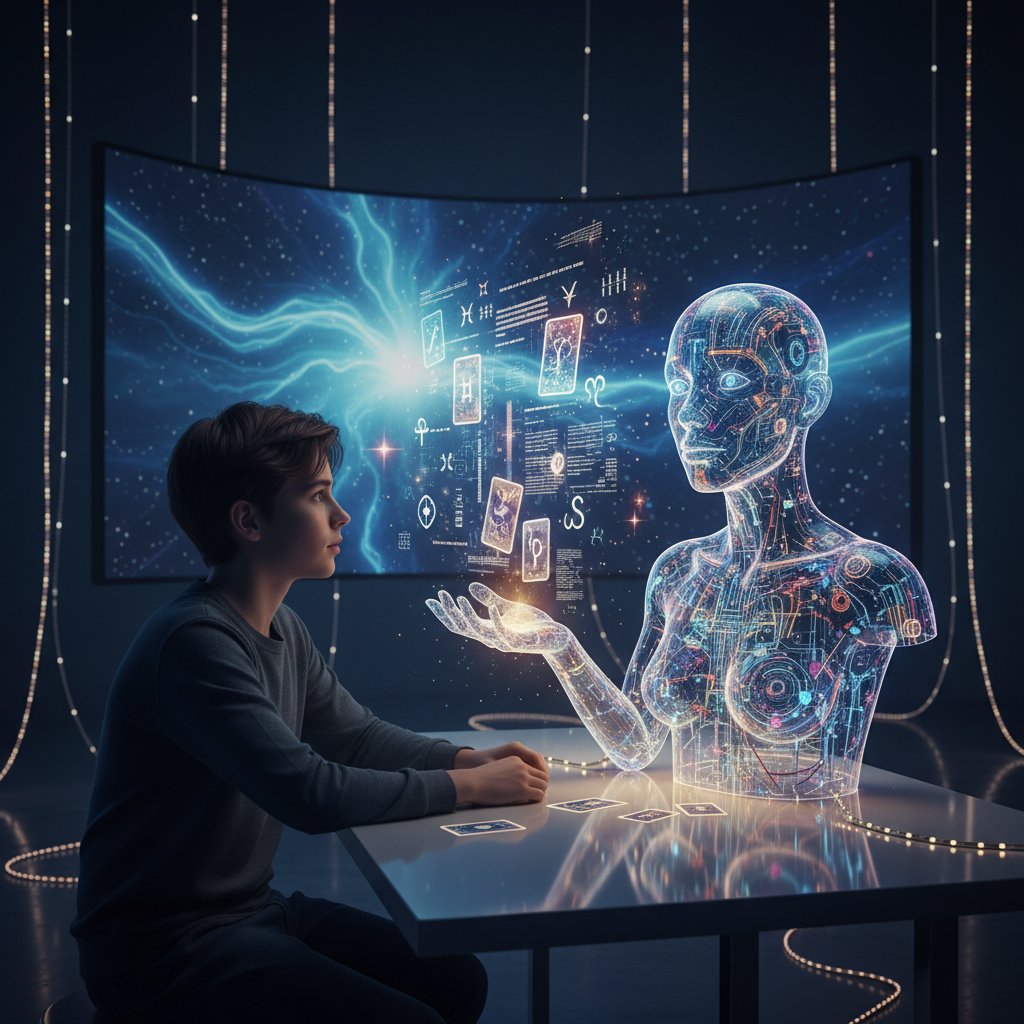 Osoba wpatrzona w ekran laptopa, na którym pojawia się symboliczna postać AI wróżki, otoczenie pełne ambientowych świateł – alternatywa dla coachingu z użyciem AI