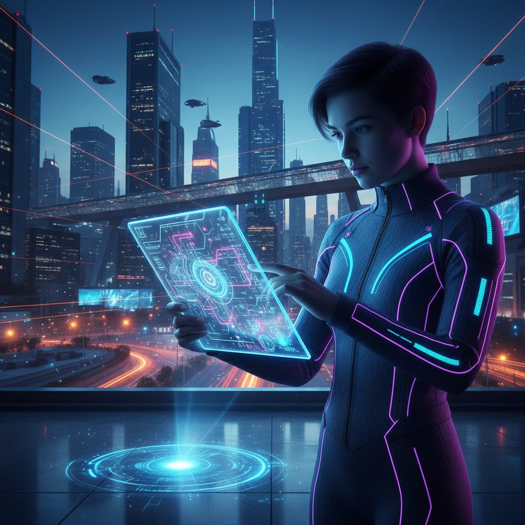 Młoda osoba rozmawia z AI na tablecie, futurystyczny design, światło led, samotność