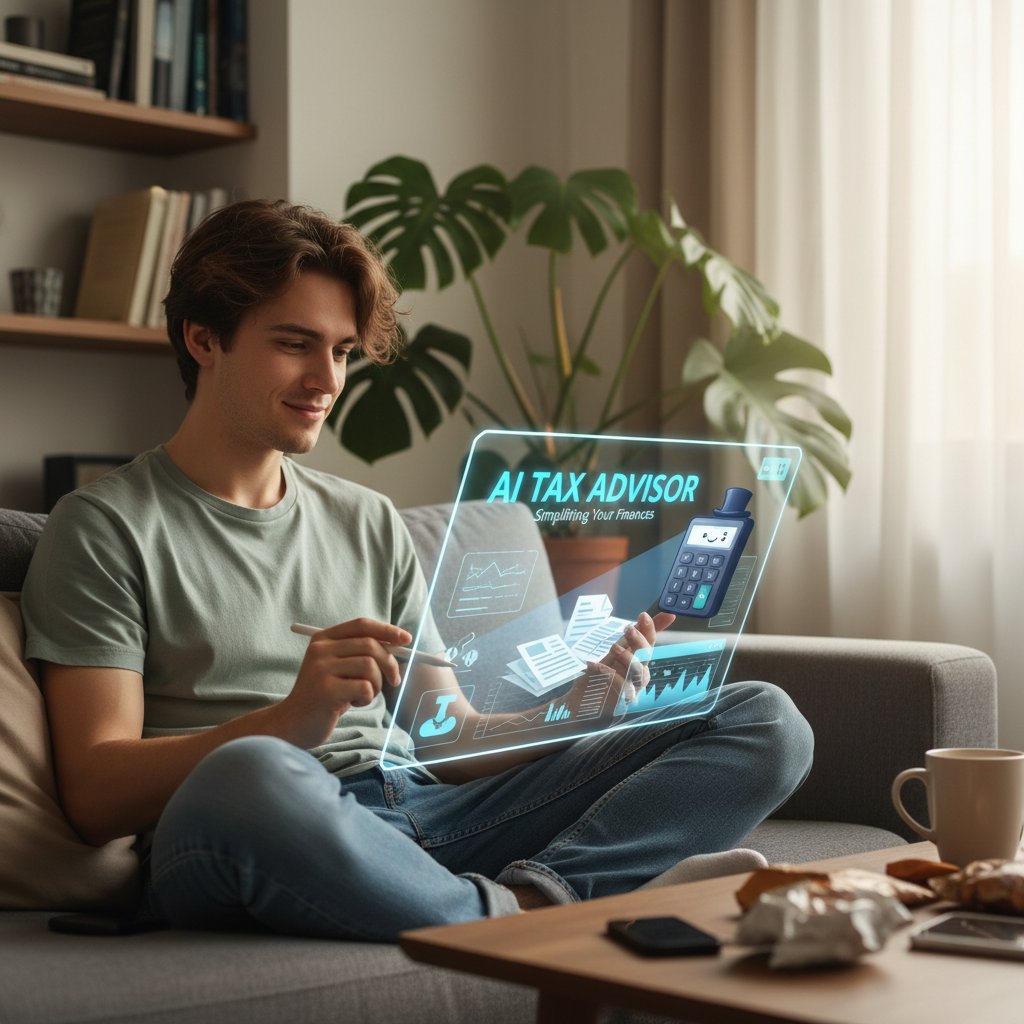 Młoda osoba korzystająca z AI podczas rozliczeń podatkowych w domowym zaciszu