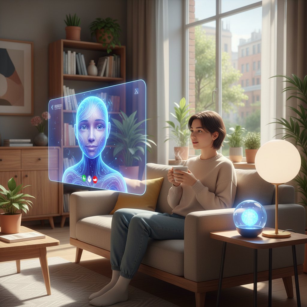 Młoda osoba rozmawia z AI-terapeutą na ekranie w domowym zaciszu