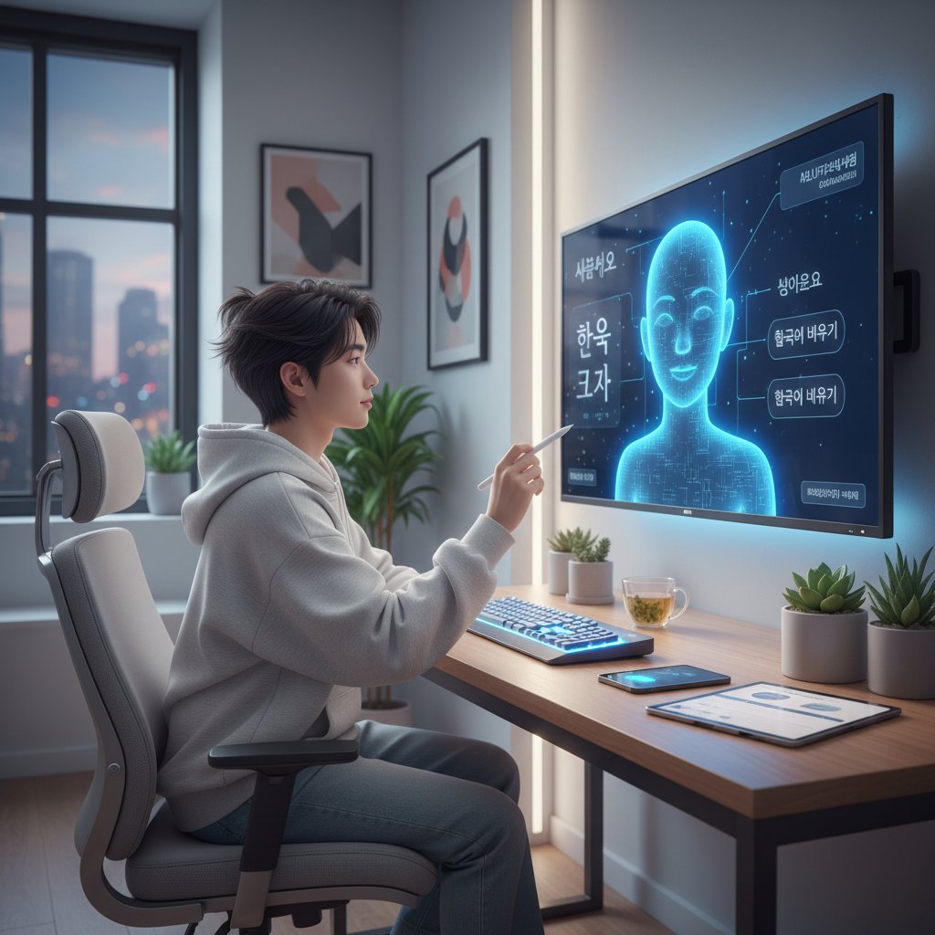 Nowoczesna scena: młody uczeń korzystający z aplikacji AI do nauki koreańskiego w domowym zaciszu
