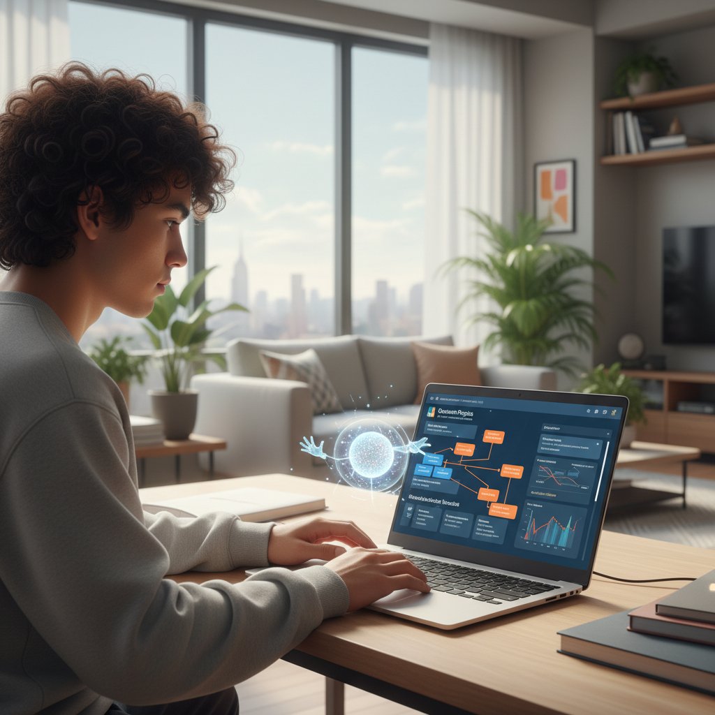 Młoda osoba korzystająca z AI tutora na laptopie, widoczne powiadomienia o personalizowanych ćwiczeniach, nowoczesne otoczenie