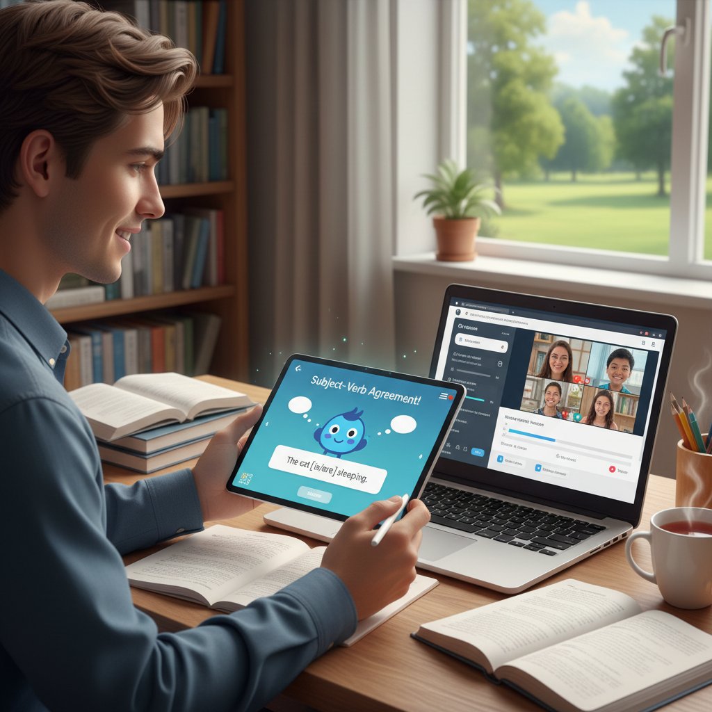 Nowoczesna nauka języka z AI – młoda osoba z tabletem i laptopem