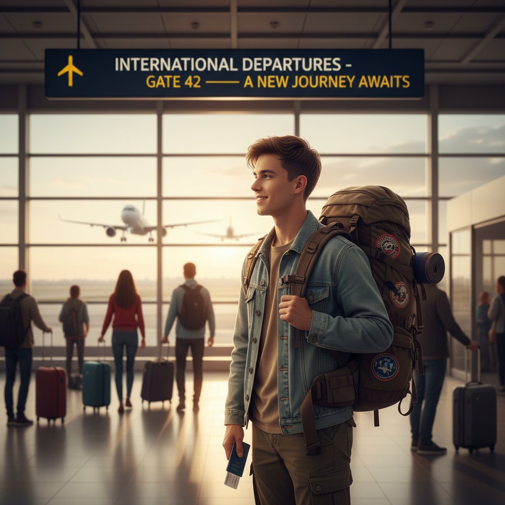 Młoda osoba na lotnisku z plecakiem i biletem, uśmiechnięta, symbolizuje gap year i nowe początki