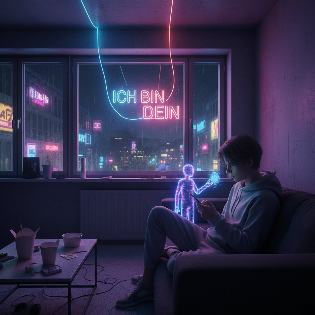 Junger Mensch allein im Neonlicht eines Berliner Apartments, Smartphone in der Hand, digitale Partnerin auf dem Screen