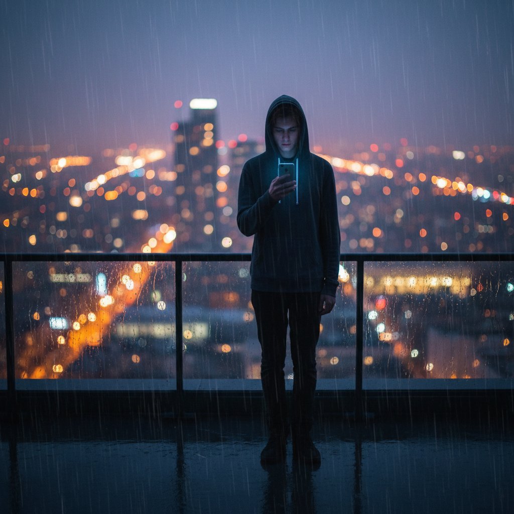 Młoda osoba siedząca samotnie z telefonem, światła miasta w tle, samotność w nowoczesnym świecie