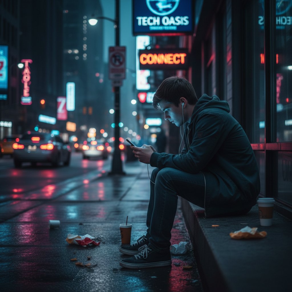 Młoda osoba siedzi samotnie z telefonem, odłączona od świata mimo obecności online, urbanistyczne tło nocą