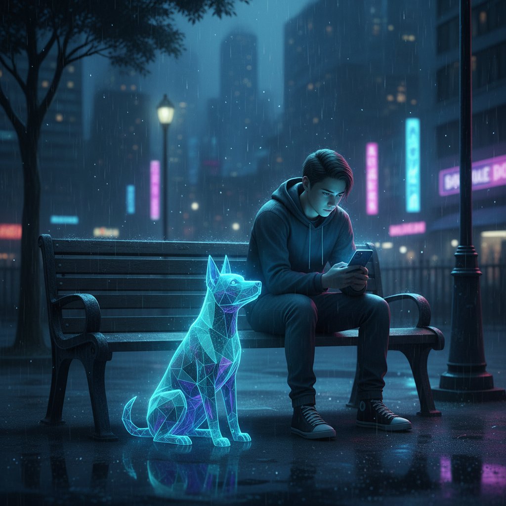 Jugendliche Person mit virtuellem Hund nachts am Bildschirm – Warnung vor digitaler Abhängigkeit