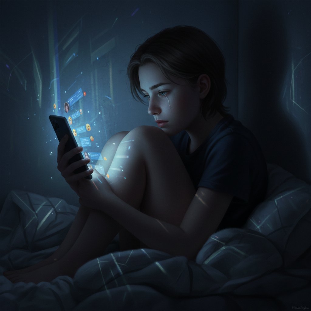 Młody dorosły w ciemnym pokoju, światło smartfona, samotność, wsparcie online