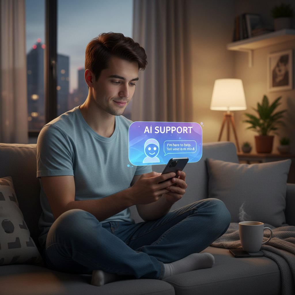 Młoda osoba siedząca samotnie z telefonem, AI na ekranie udziela wsparcia tekstowego
