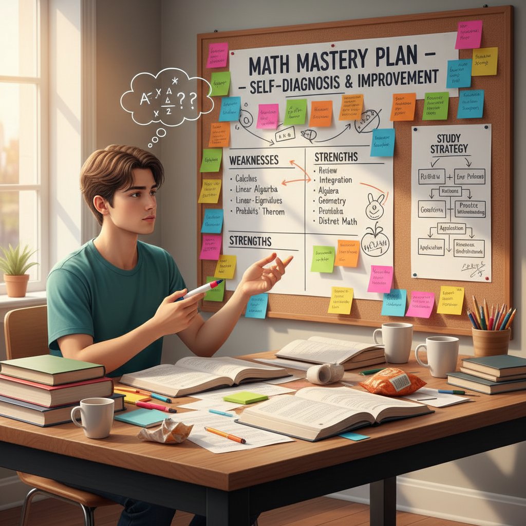 Młoda osoba analizująca swój plan nauki matematyki, kolorowe notatki, narzędzia do samodiagnozy stylu uczenia się