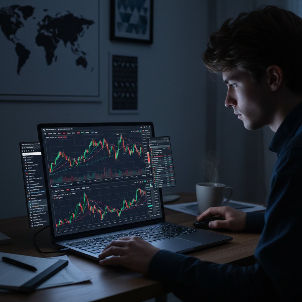 Młoda osoba analizująca wykresy kursów Bitcoina na laptopie, skupiona mina, domowe biurko, światło monitora