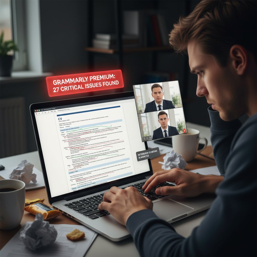 Młoda osoba analizująca swoje CV z błędami gramatycznymi na laptopie, stresująca się podczas rozmowy online