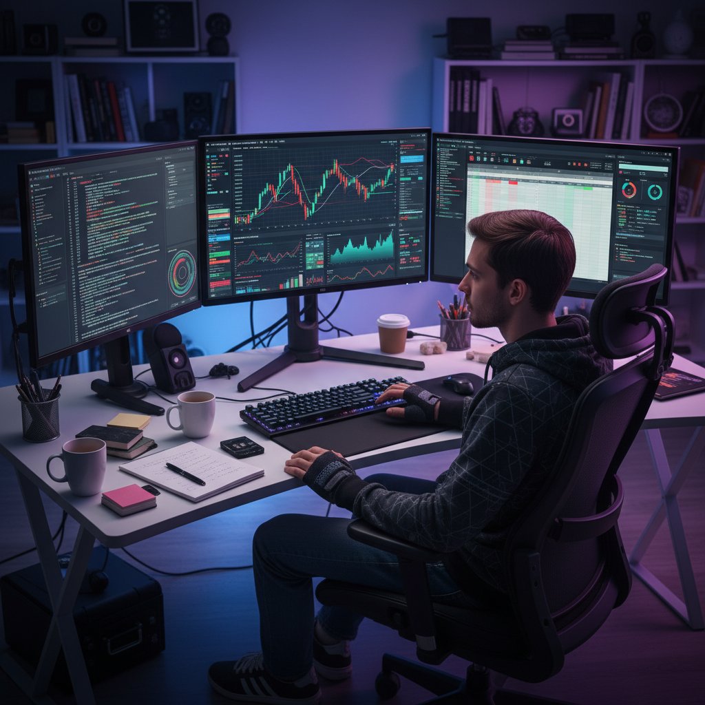 Młoda osoba analizująca dane na kilku ekranach, skupienie, otwartość na nowe technologie