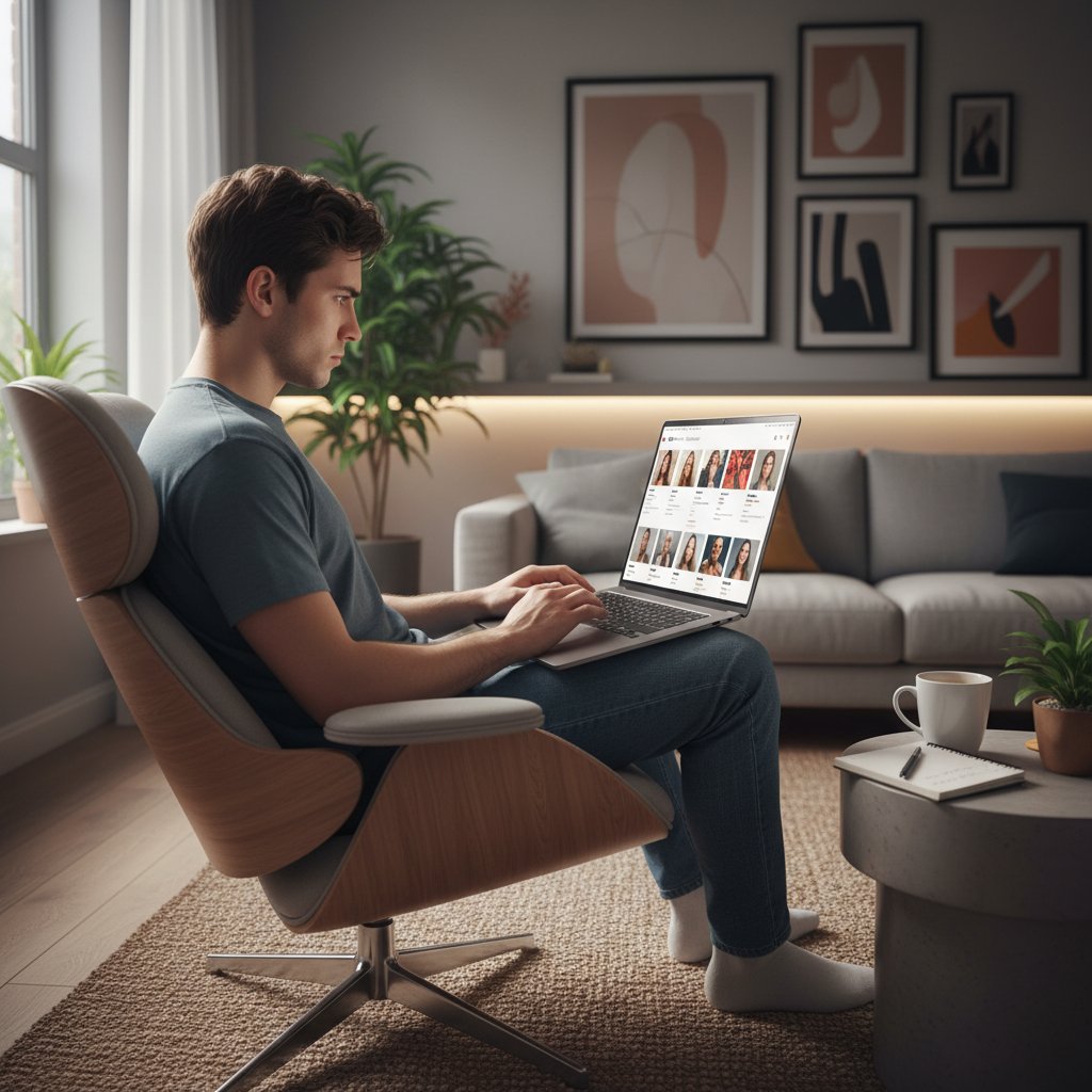 Zdjęcie młodej osoby analizującej profile randkowe na laptopie, z wyraźnym skupieniem i refleksją