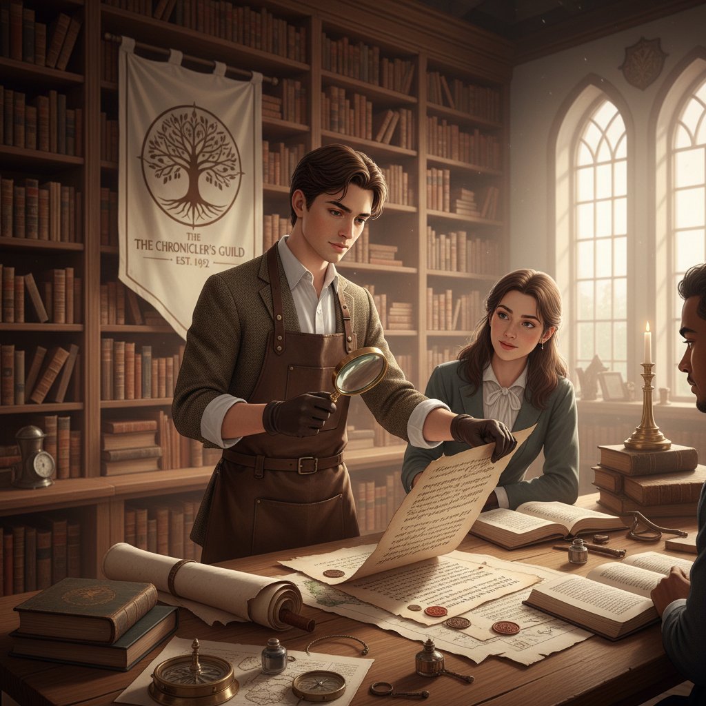 Młody człowiek analizujący historyczne dokumenty, skupiony i pewny siebie