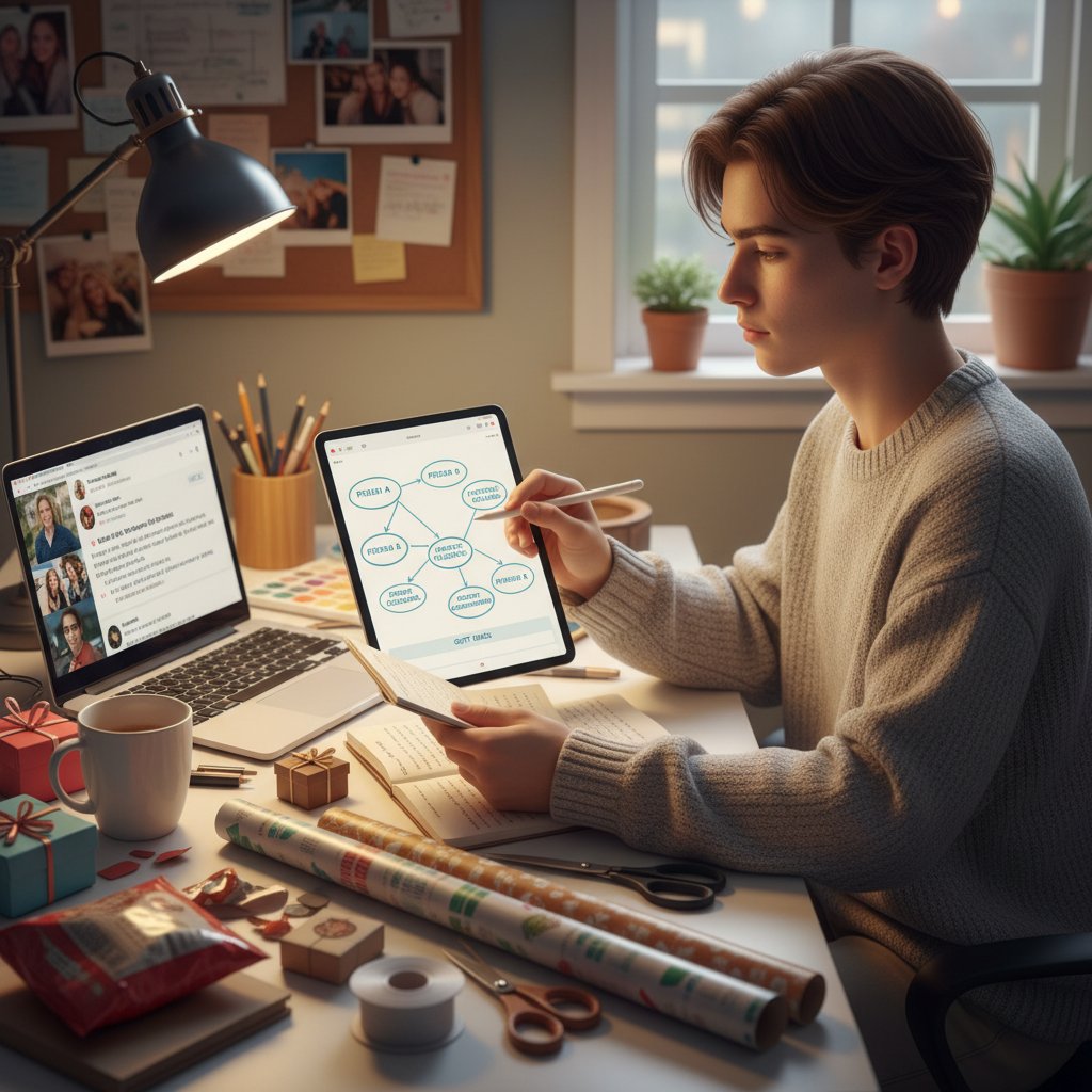 Młoda osoba analizująca preferencje innej osoby poprzez notatki i smartfon, kontekst: planowanie prezentu