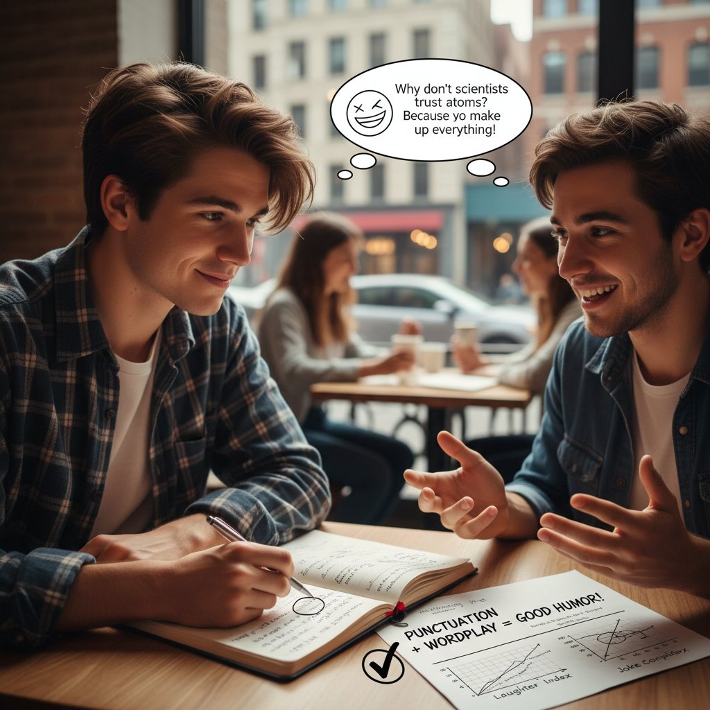 Młoda osoba analizuje żart w notatniku, rozpoznawanie dobrego humoru w rozmowie