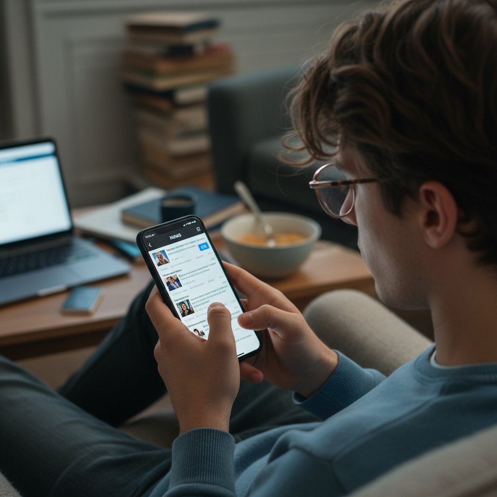 Zdjęcie młodej osoby analizującej wiadomości w smartfonie, symbolizujące problem fake newsów i deepfake w życiu codziennym