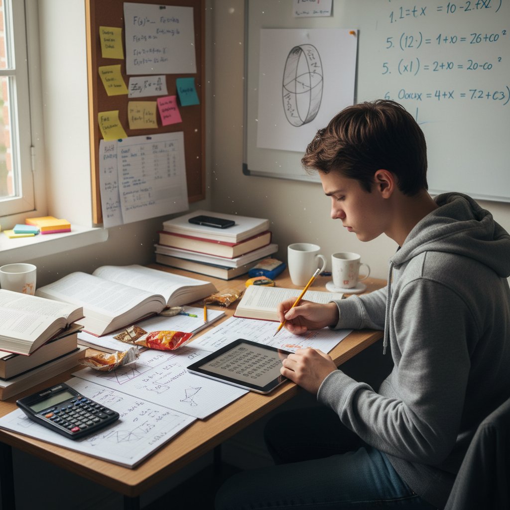 Młoda osoba analizująca różne notatki wizualne i tekstowe na biurku; styl uczenia się matematyki
