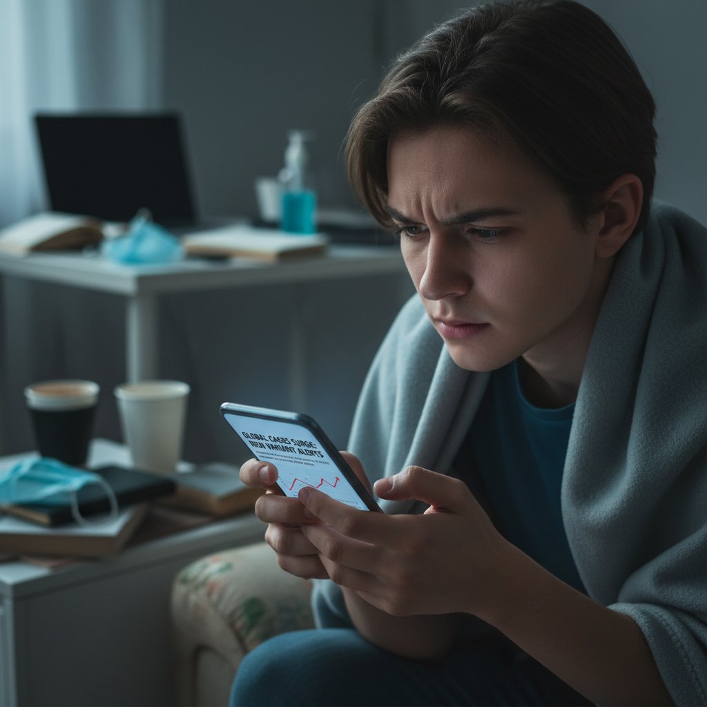 Młoda osoba przegląda wiadomości o pandemii na smartfonie, wyraźny niepokój na twarzy