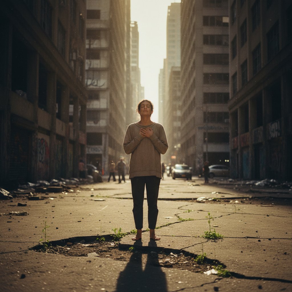 Osoba ćwicząca embodiment w ruchliwym mieście, wyraźny kontrast pomiędzy spokojem ciała a chaosem otoczenia, słowa kluczowe: embodiment, świadomość ciała