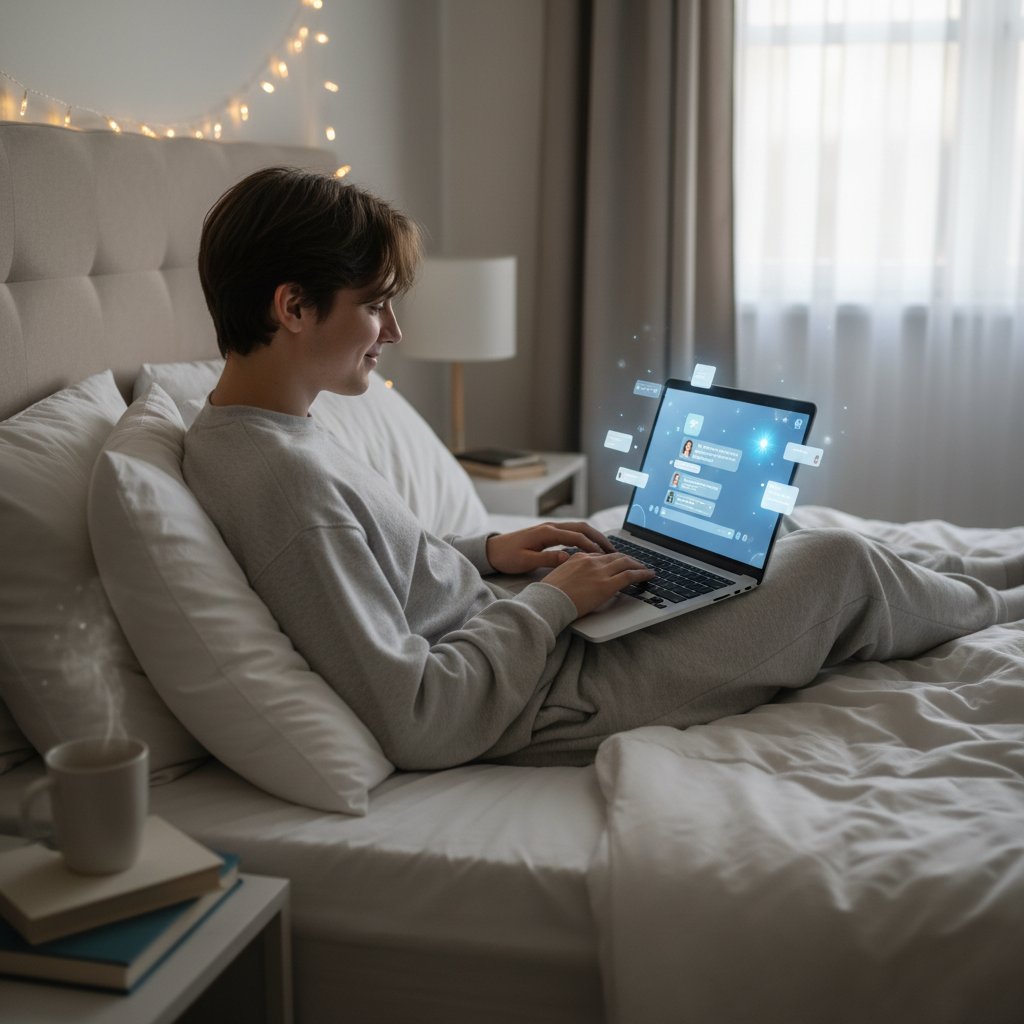 Scenariusze użycia rozmowy online – młoda osoba leży z laptopem na łóżku, odprężona