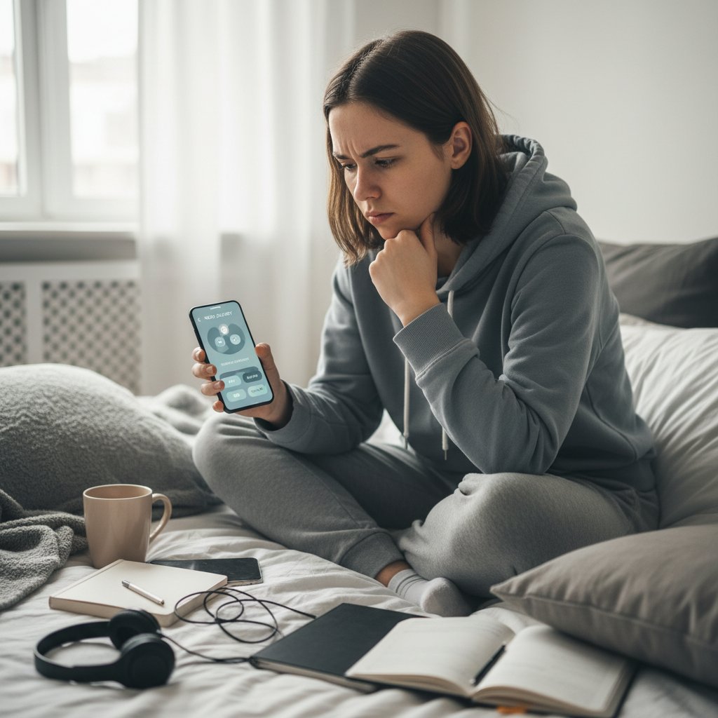 Junge Person nutzt eine Psychoedukations-App abends im Bett, blickt nachdenklich auf das Display