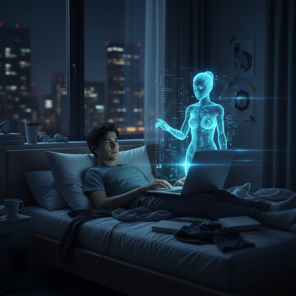 Junge Person im Dämmerlicht chattet mit virtueller Freundin, städtisches Loft, melancholische Stimmung, KI-Interaktion