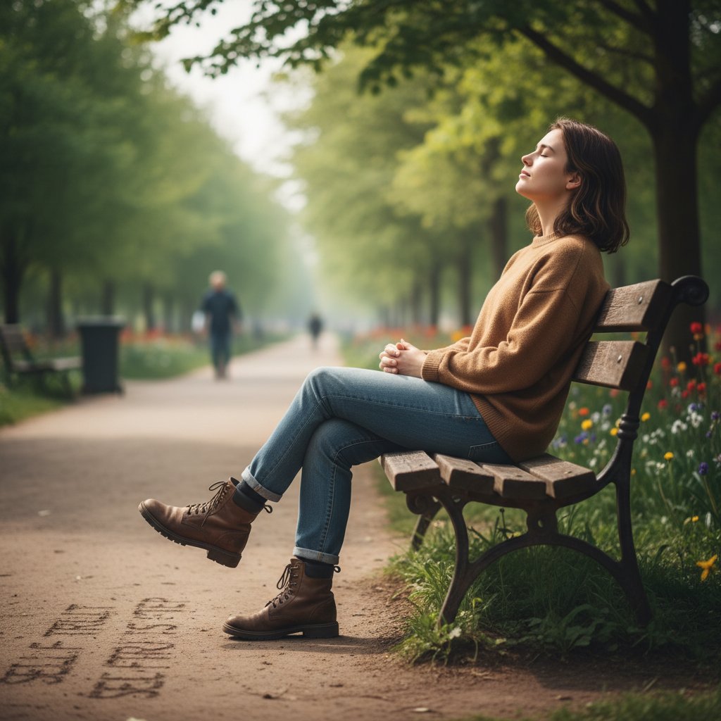 Młoda osoba siedzi na ławce, zamknięte oczy, cisza wokół – pierwszy krok ku zaufaniu sobie