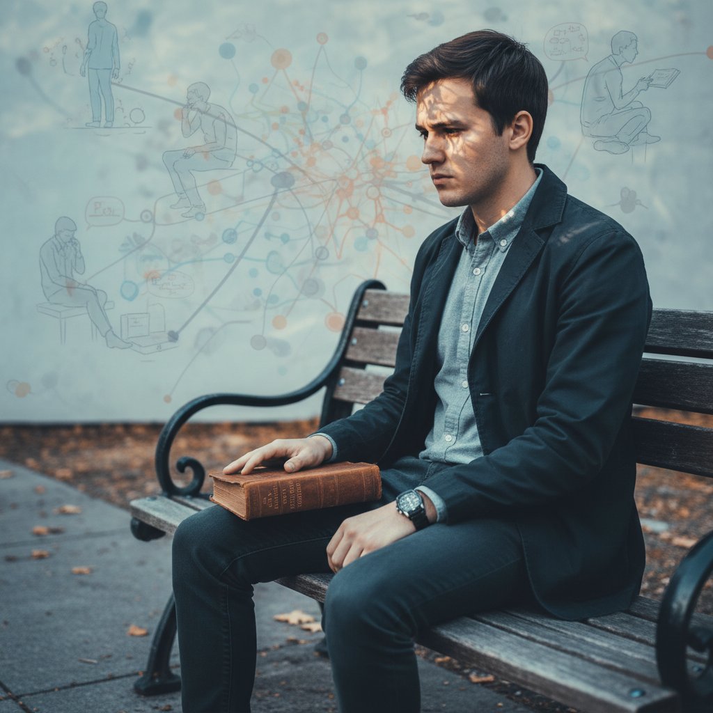 Młoda osoba siedząca samotnie na ławce, zamyślona twarz, kontrast światła i cienia, motyw psychiki