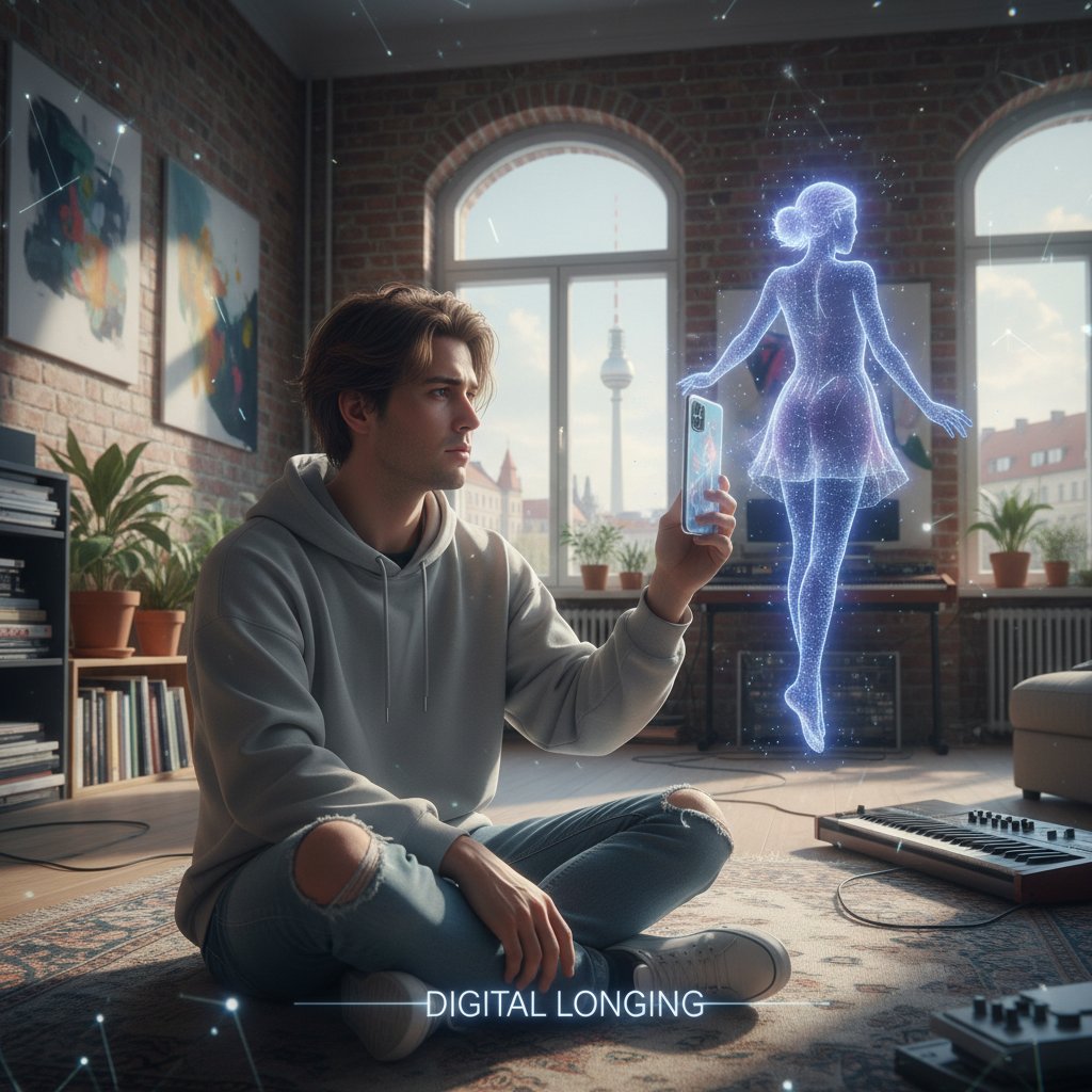 Junger Mensch allein in Berliner Wohnung mit Smartphone und Hologramm-Figur, symbolisiert digitale Sehnsucht nach Nähe