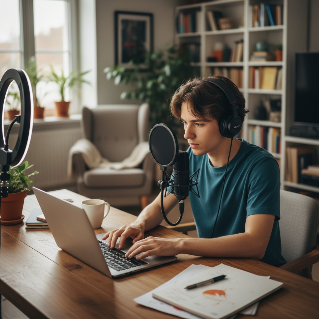 Młoda osoba pisząca bloga na laptopie, wyraz twarzy skupiony, tło domowe