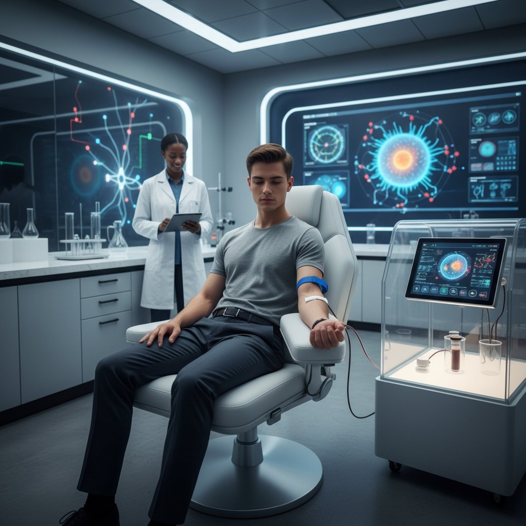 Młoda osoba analizująca wyniki badań krwi w nowoczesnym wnętrzu