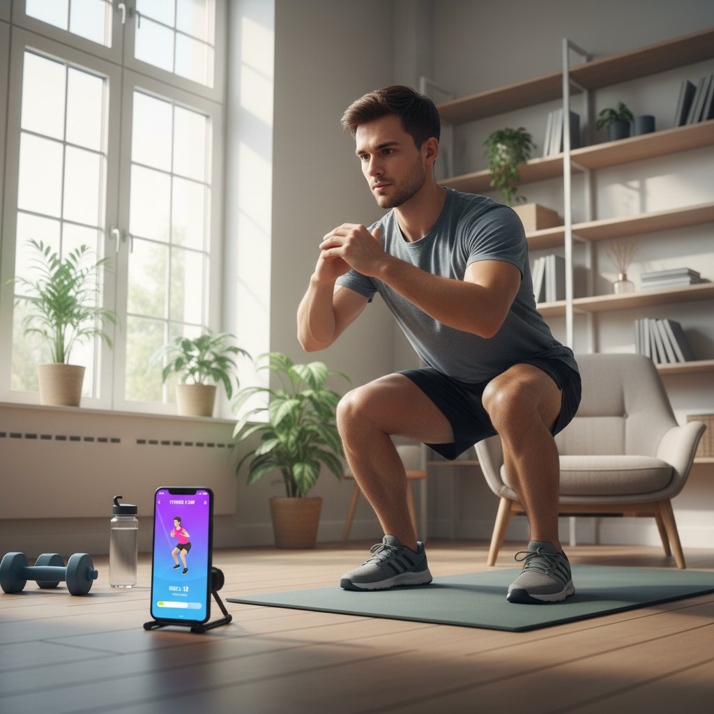 Młoda osoba wykonująca przysiady w domu, w tle telefon z aplikacją treningową
