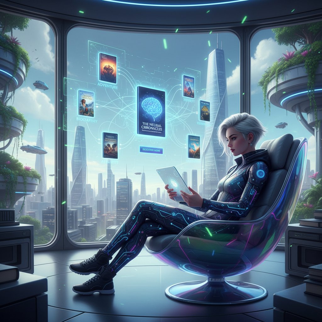 Młoda osoba korzysta z aplikacji rekomendującej książki, nowoczesna technologia, futurystyczny klimat