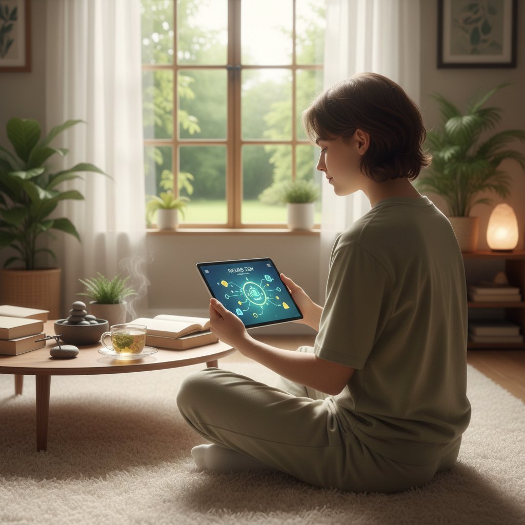 Młoda osoba korzystająca z aplikacji do treningu mózgu w domowym otoczeniu, z widocznymi elementami związanymi z nauką i relaksem