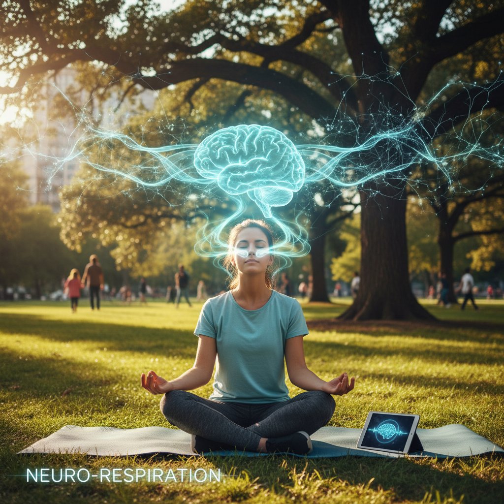 Młoda osoba wykonująca ćwiczenia oddechowe w parku; wizualizacja neurobiologicznego wpływu na nastrój