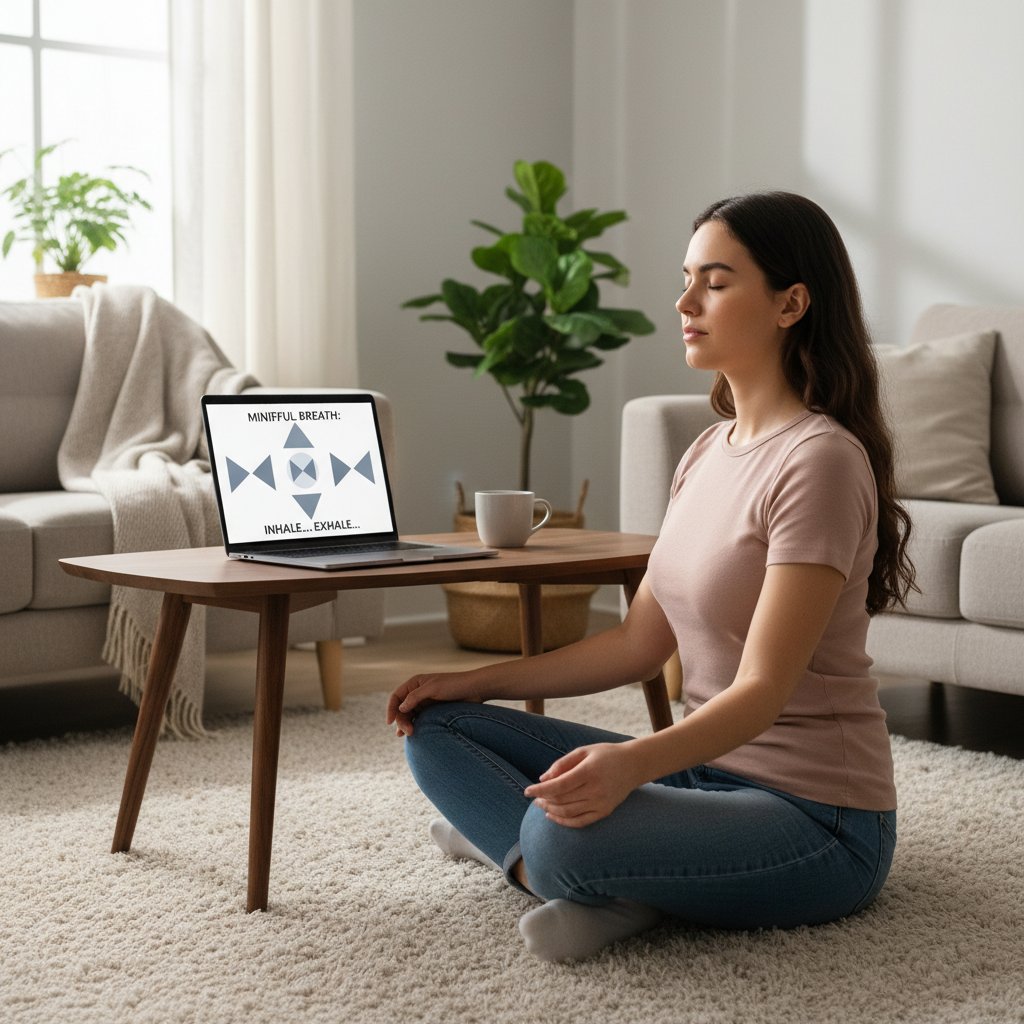 Młoda osoba wykonująca ćwiczenia oddechowe przed laptopem, domowa atmosfera, koncentracja