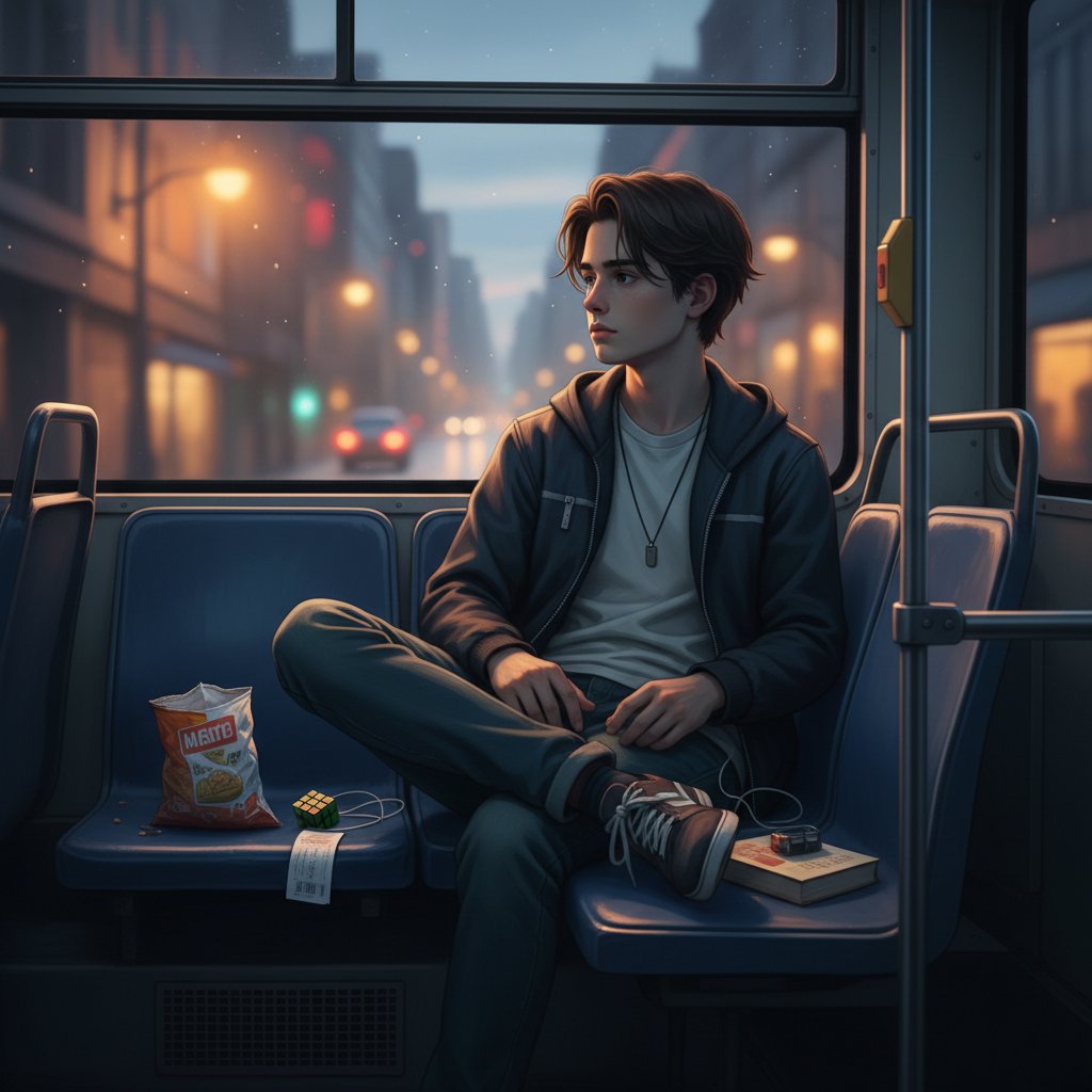 Młoda osoba siedząca samotnie w zatłoczonym autobusie, ADHD, wykluczenie społeczne