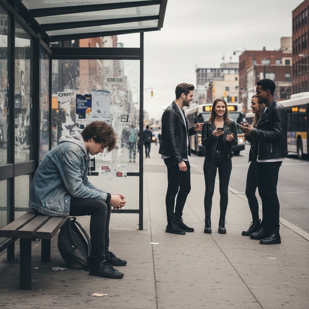 Młody człowiek na przystanku, patrzący w telefon, otoczony grupą ignorującą jego obecność
