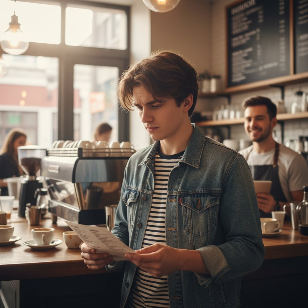 Młoda osoba zamawiająca kawę w kawiarni, lekki stres, ale pozytywne doświadczenie