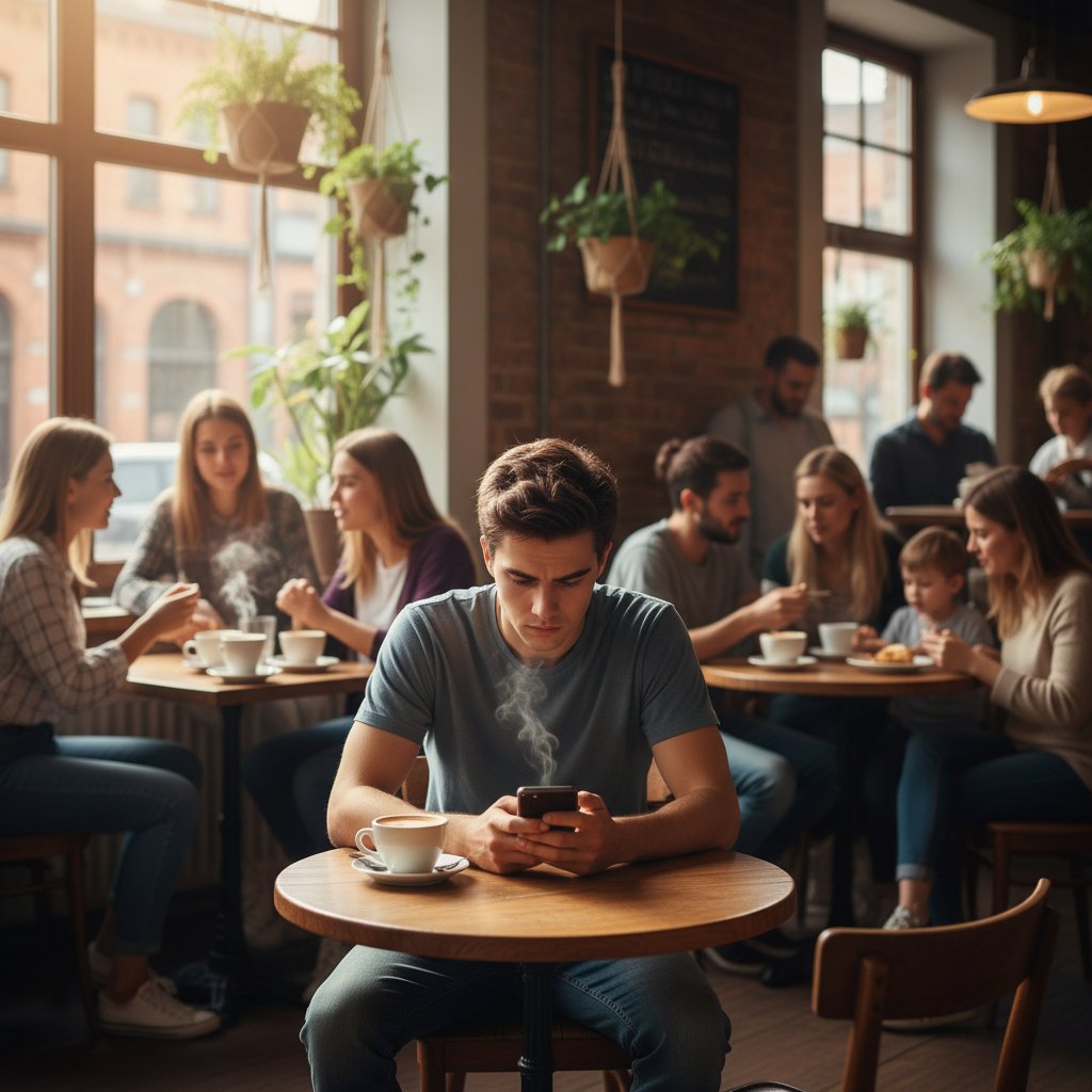 Młoda osoba w kawiarni patrząca w ekran telefonu, wokół ludzi, ale wyraźnie wyizolowana i zamyślona
