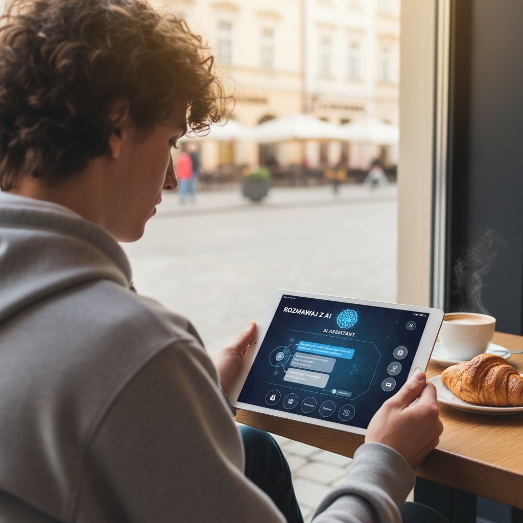Młoda osoba korzystająca z czatu AI w ruchliwej kawiarni, UX, polskie realia