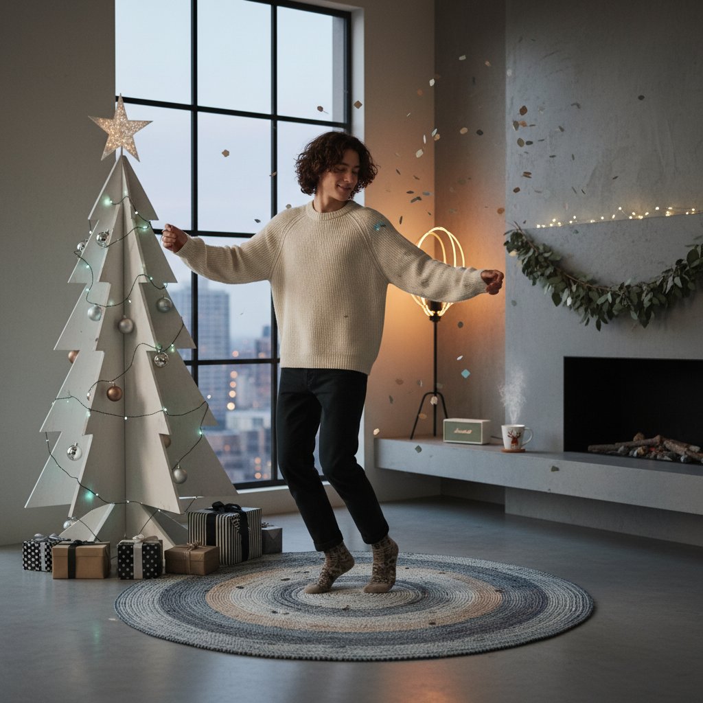 Młoda osoba świętująca sama, nowoczesne wnętrze, alternatywne dekoracje