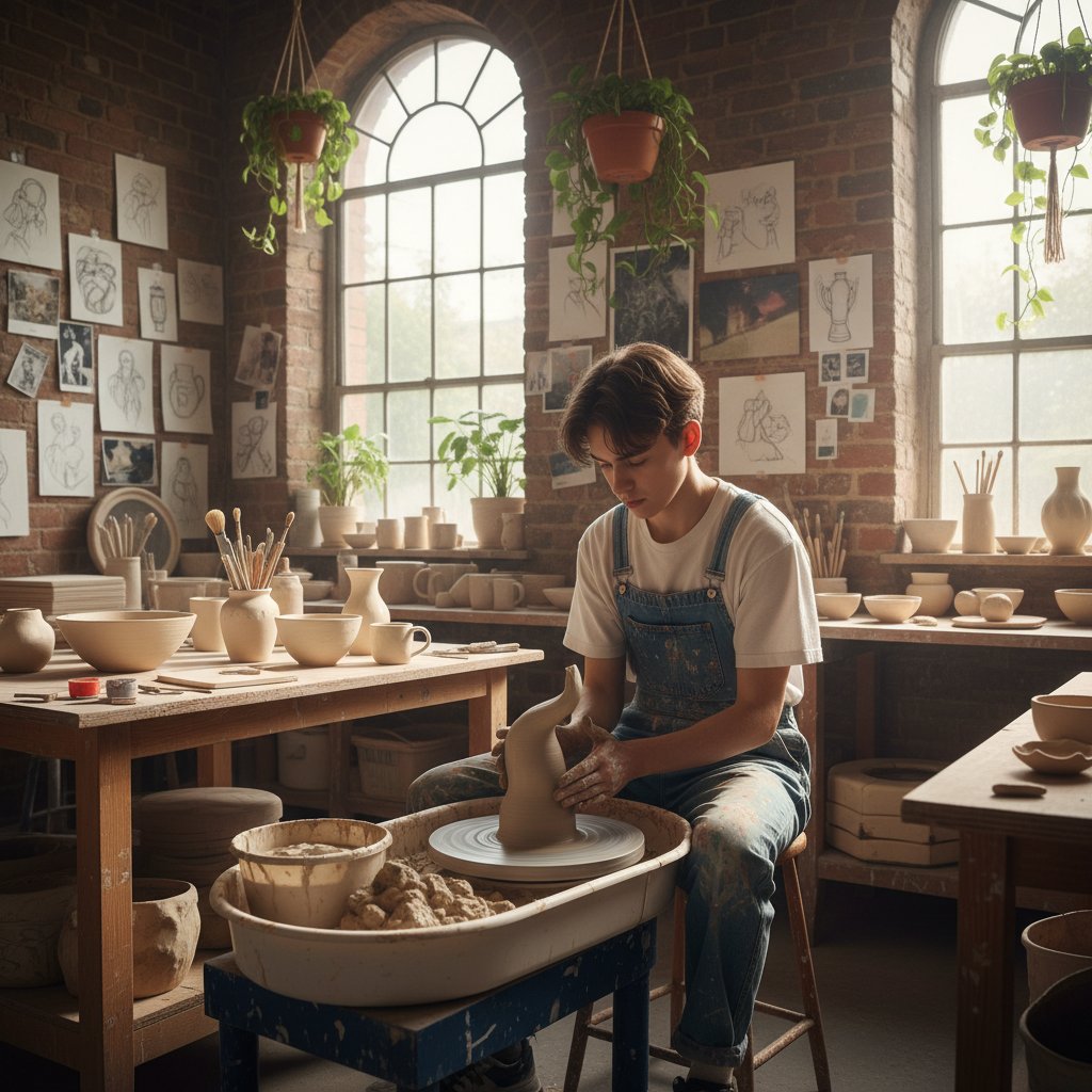 Młoda osoba tworząca ceramikę w pustym atelier, samotność jako źródło kreatywności