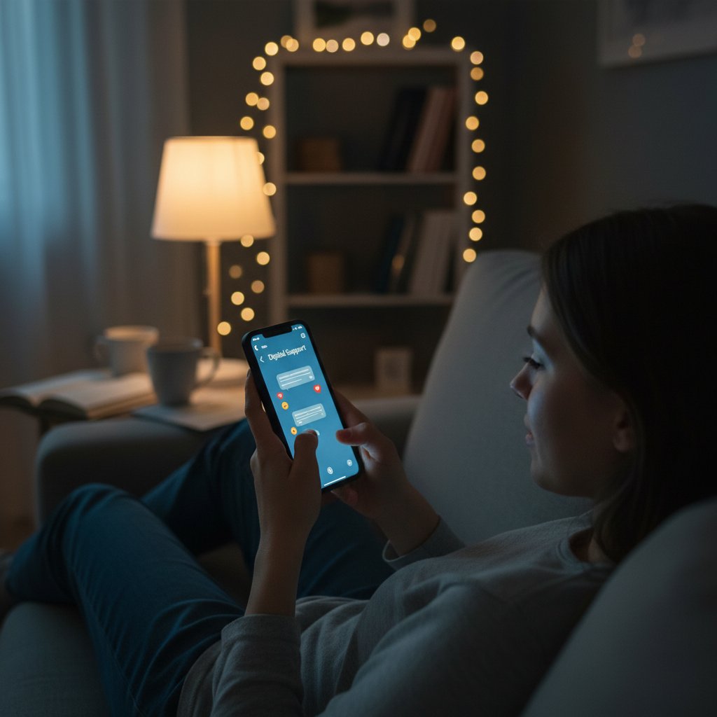 Junge Person chattet nachts am Smartphone, intime Atmosphäre, Symbol für digitale emotionale Unterstützung