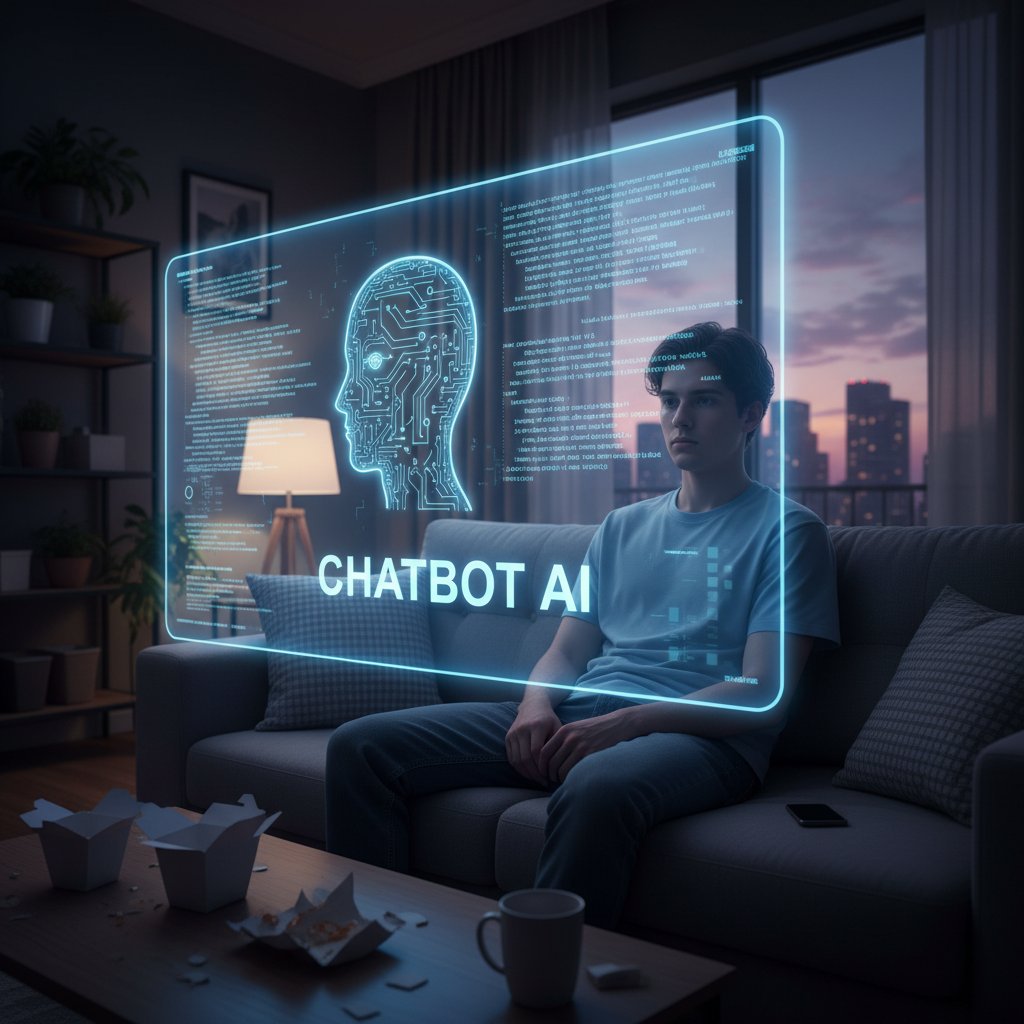 Młoda osoba wpatrzona w ekran z chatbotem AI, brak widocznych emocji po stronie maszyny