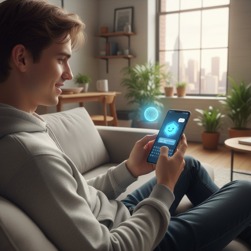 Zdjęcie młodej osoby rozmawiającej z chatbotem AI na smartfonie, nowoczesne wsparcie dla samotnych