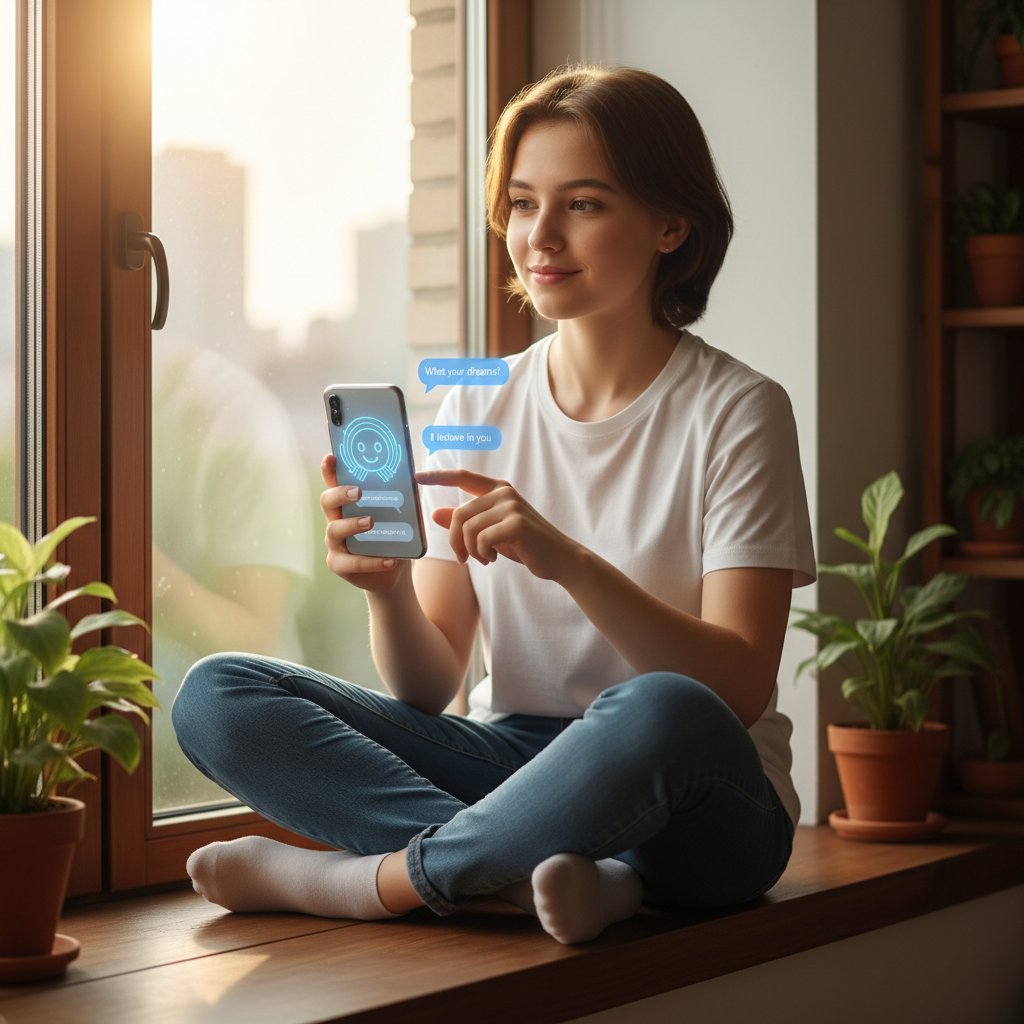 Młoda osoba rozmawiająca z AI w telefonie, nadzieja w oczach i poczucie wsparcia